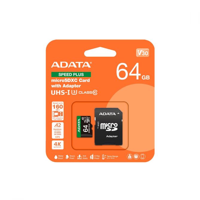 ADATA microSD U3, V30, 160/140MBs, 64GB