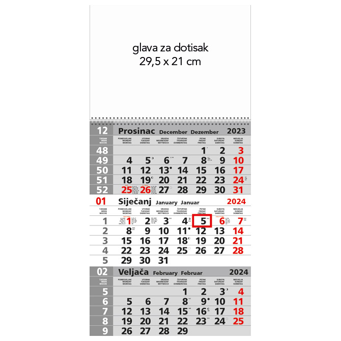 Kalendar zidni trodijelni 2023. sa spiralom sivi Cijena