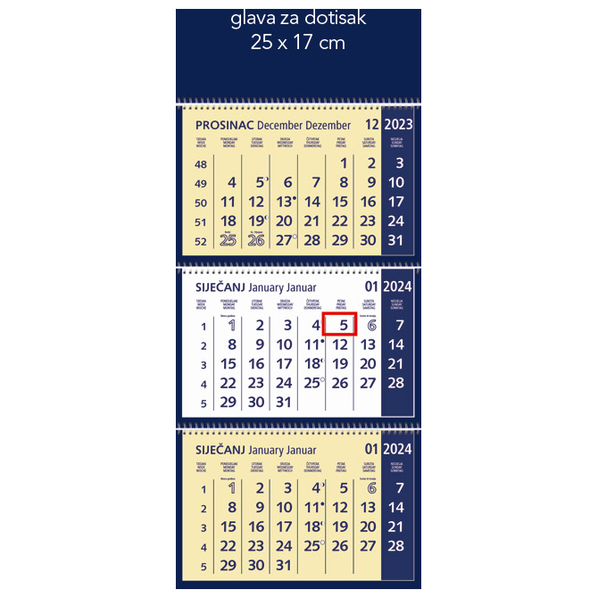 Kalendar zidni trodijelni 2023. s 3 spirale plavi Cijena