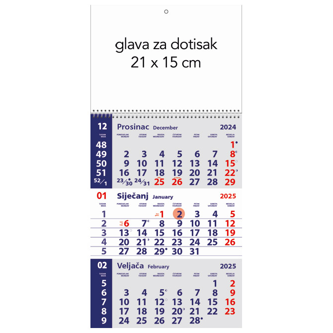 Kalendar zidni trodijelni mali 2025.-3 mjesec/listu, spirala Cijena