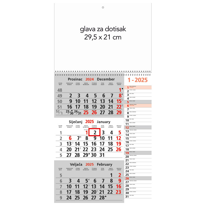 Kalendar zidni trodijelni 2025. memo sa spiralom Cijena