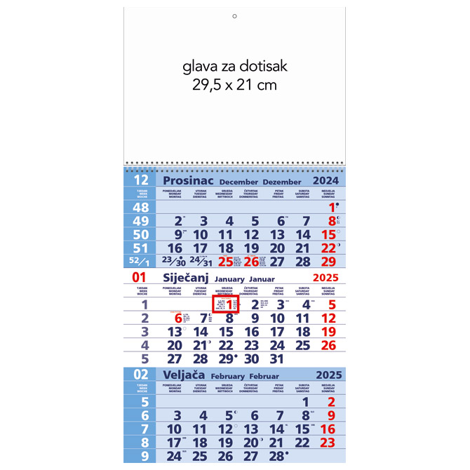 Kalendar zidni trodijelni 2025. sa spiralom plavi Cijena