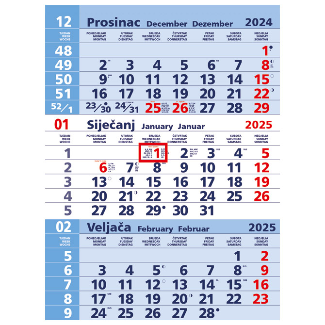 Kalendar zidni trodijelni plavi - nespiralirani Cijena