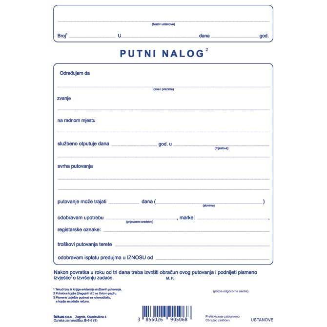 Obrazac B-8-3 putni nalog pk100 Fokus  Cijena