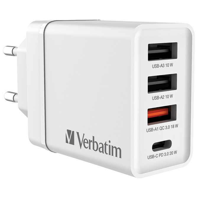 Punjač za mobilne uređaje zidni 1xUSB-C/PD 20W/1xUSB-A QC 3.0/2xUSB-A 10W Verbatim 49701 bijeli Cijena