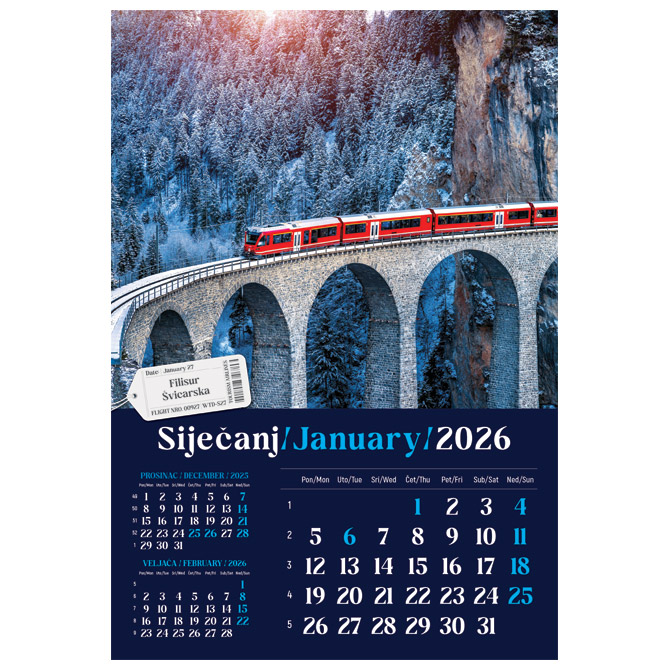 Kalendar “Putujem Europom 2026” 13 listova, spirala Cijena