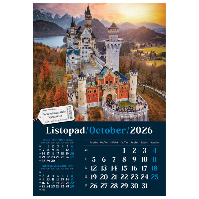 Kalendar “Putujem Europom 2026” 13 listova, spirala Cijena