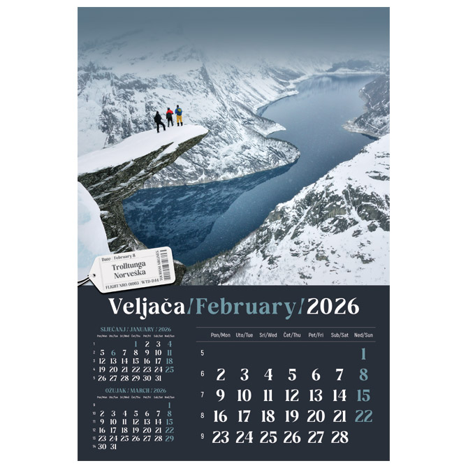 Kalendar “Putujem Europom 2026” 13 listova, spirala Cijena