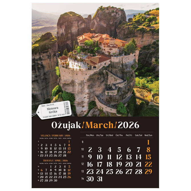 Kalendar “Putujem Europom 2026” 13 listova, spirala Cijena