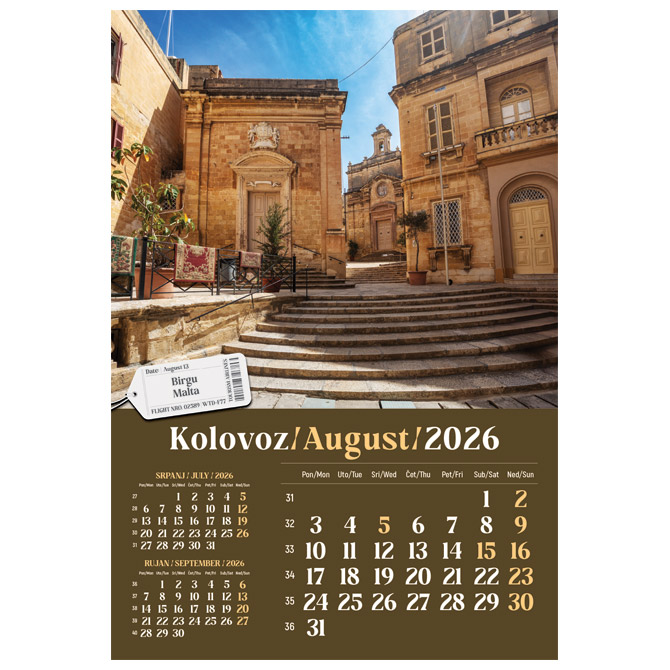 Kalendar “Putujem Europom 2026” 13 listova, spirala Cijena